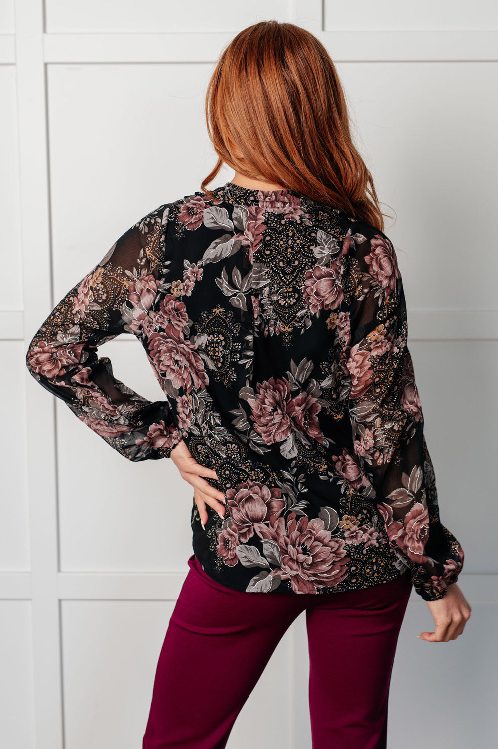 Black Floral Surplice Chiffon Blouse - Inspired Eye Boutique