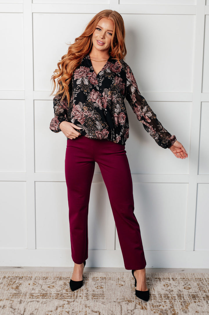 Black Floral Surplice Chiffon Blouse - Inspired Eye Boutique