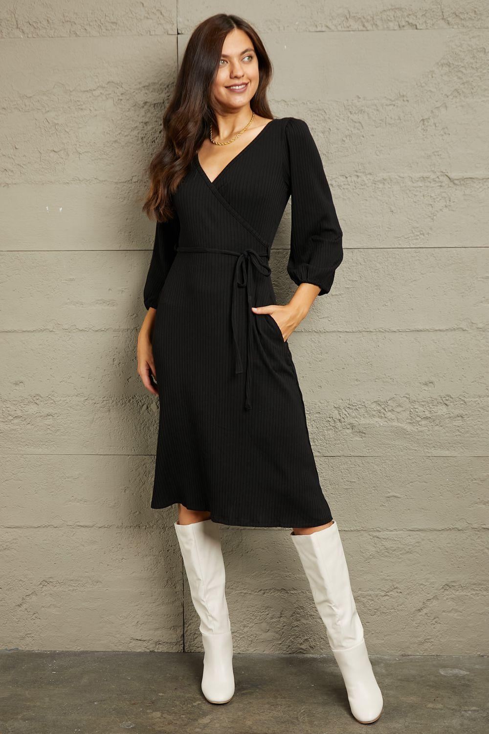 Black Long Sleeve Ribbed Midi Dress - Inspired Eye Boutique