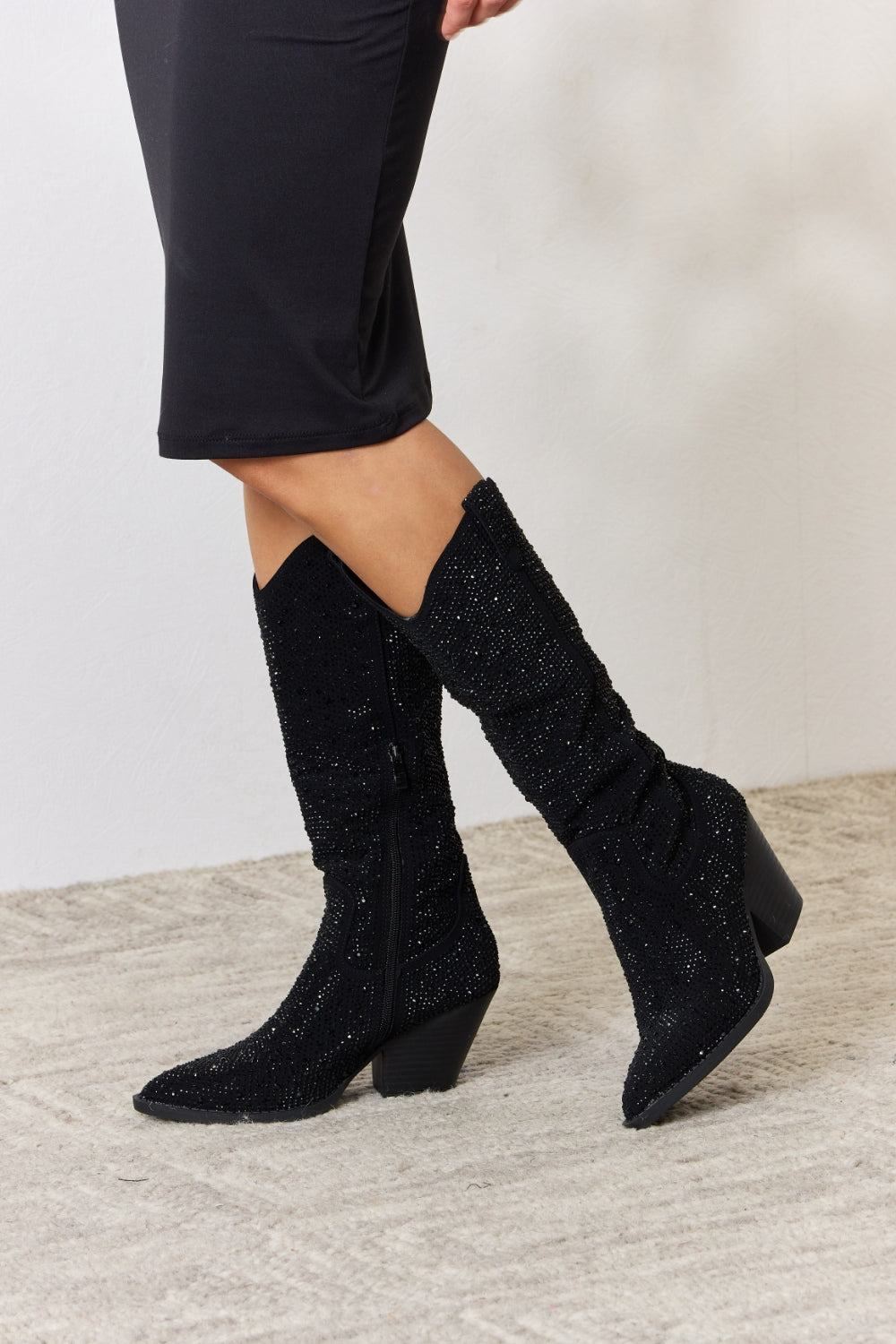 Black Rhinestone Knee High Cowboy Boots - Inspired Eye Boutique