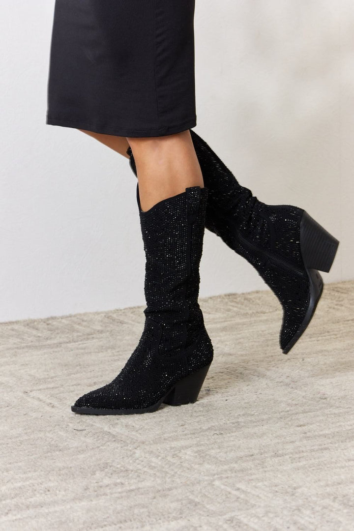 Black Rhinestone Knee High Cowboy Boots - Inspired Eye Boutique