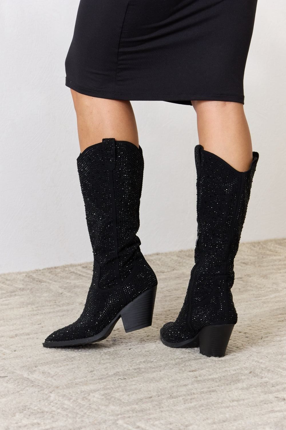 Black Rhinestone Knee High Cowboy Boots - Inspired Eye Boutique