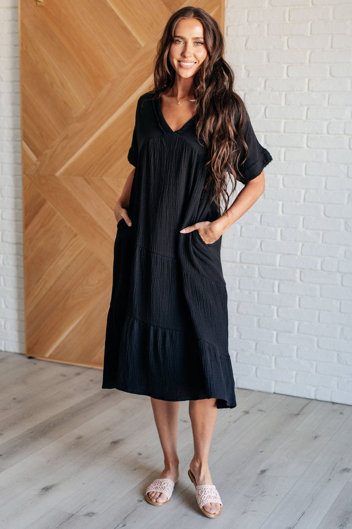 Black Short Sleeve Midi Dress with Pockets - Inspired Eye Boutique