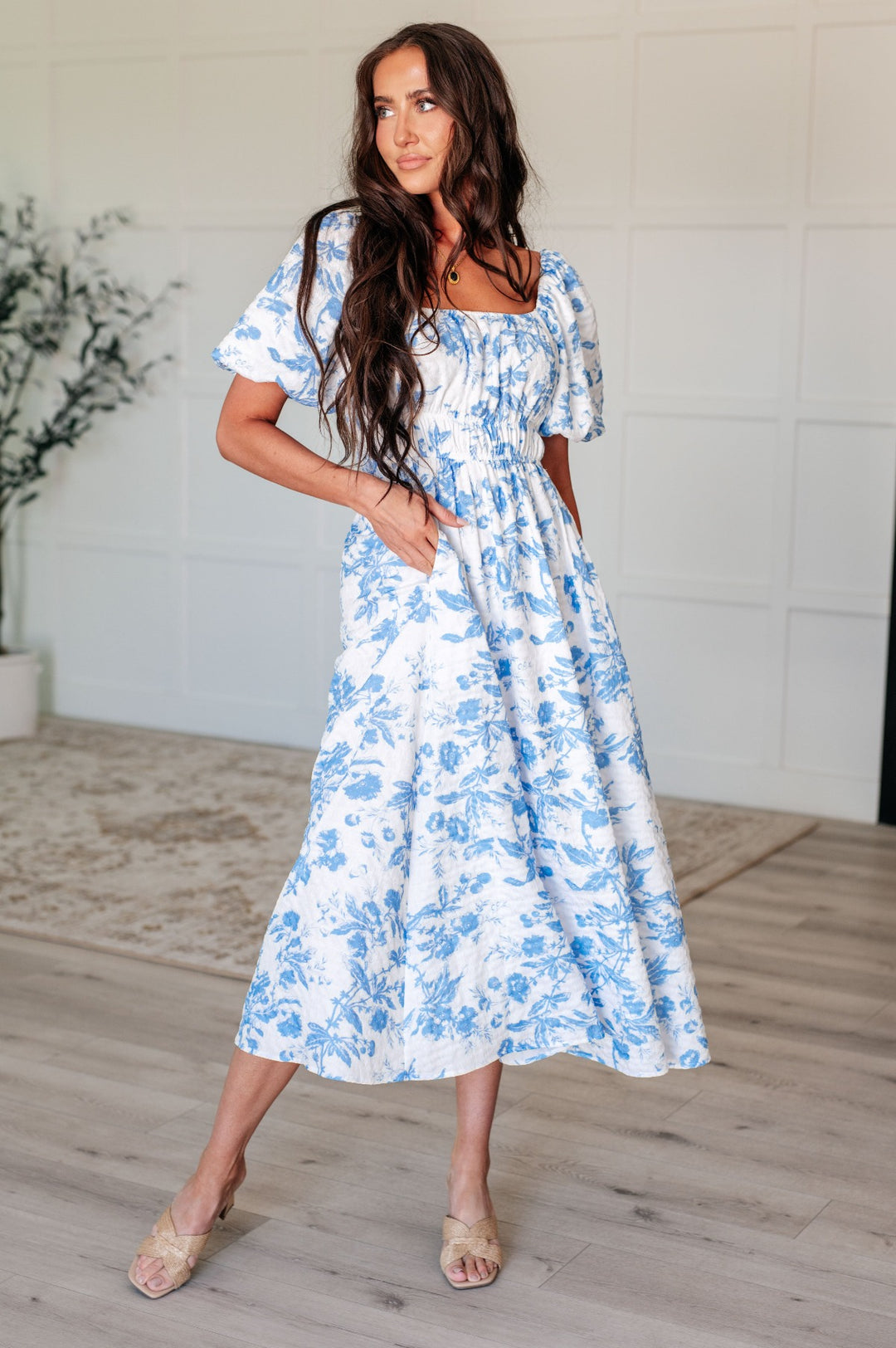 Blue and White Floral Short Sleeve Dress - Inspired Eye Boutique