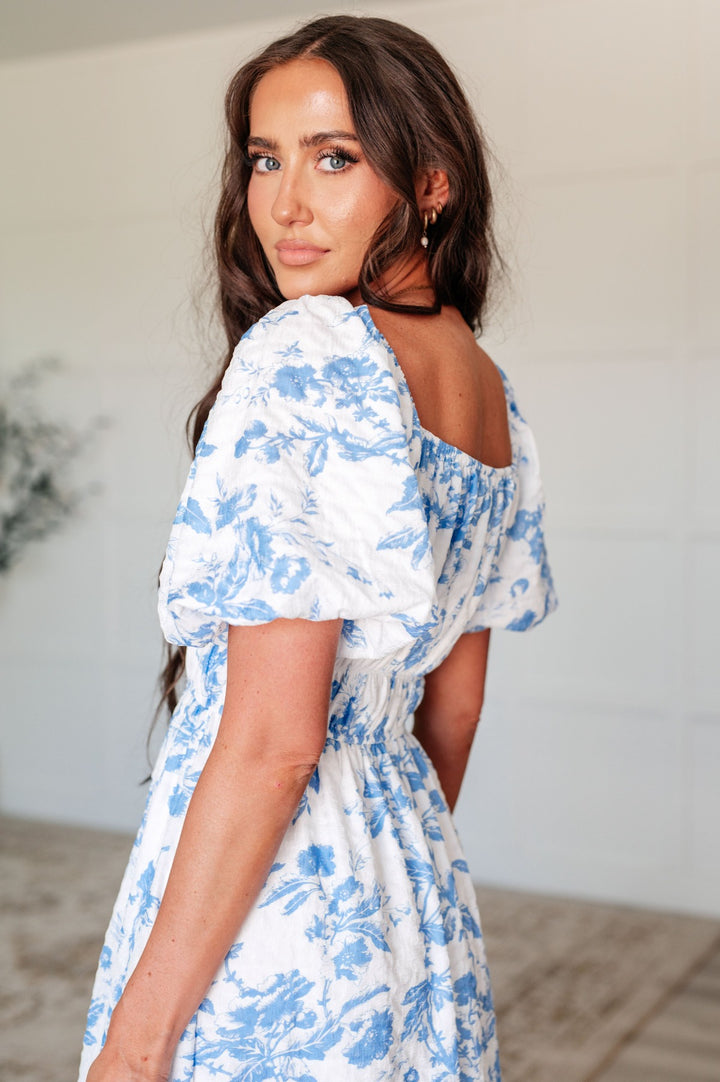 Blue and White Floral Short Sleeve Dress - Inspired Eye Boutique