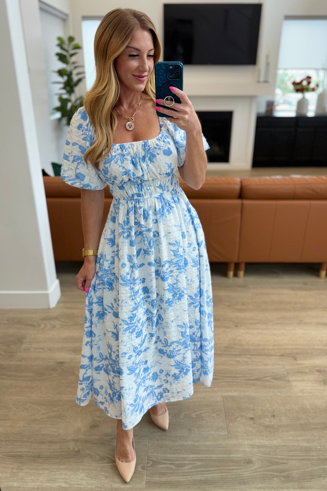 Blue and White Floral Short Sleeve Dress - Inspired Eye Boutique