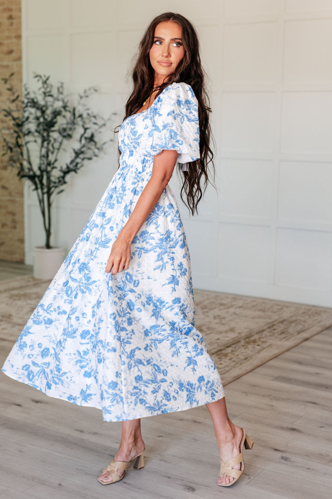 Blue and White Floral Short Sleeve Dress - Inspired Eye Boutique