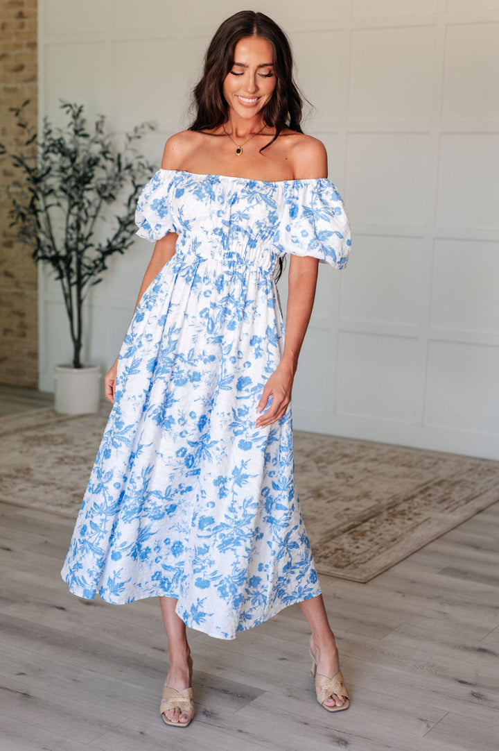 Blue and White Floral Short Sleeve Dress - Inspired Eye Boutique