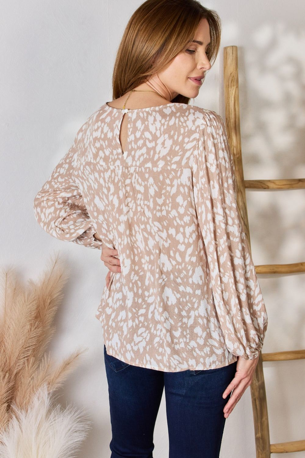 Balloon Sleeve Blouse - Embroidered - Taupe - Inspired Eye Boutique