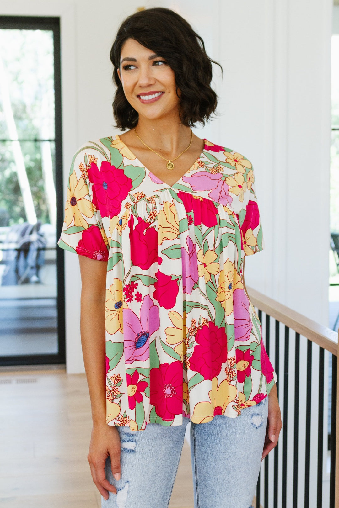 Bright Floral Print Short Sleeve Top - Inspired Eye Boutique