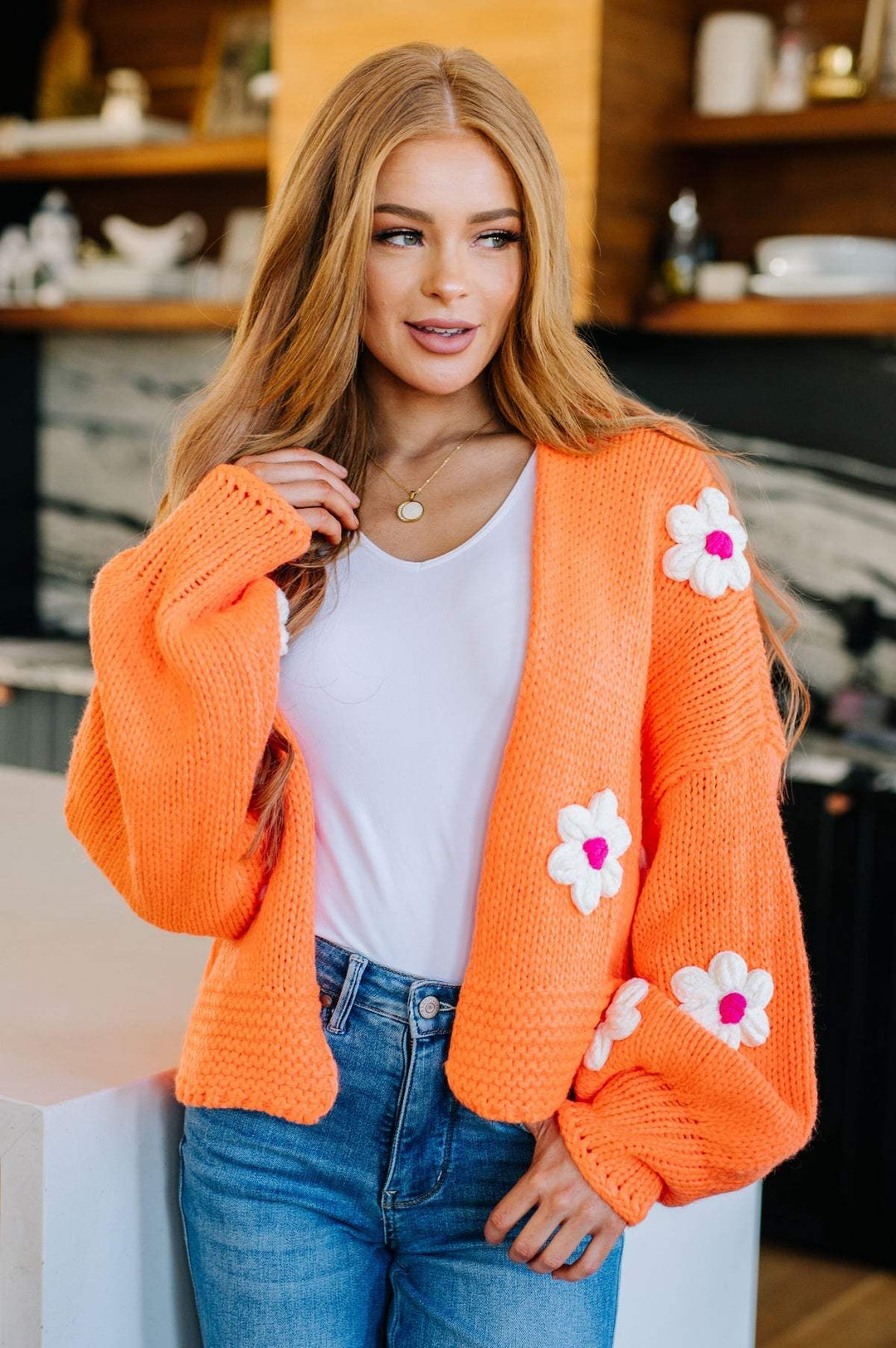 Bright Orange Cardigan Sweater - Knit Flowers - Inspired Eye Boutique