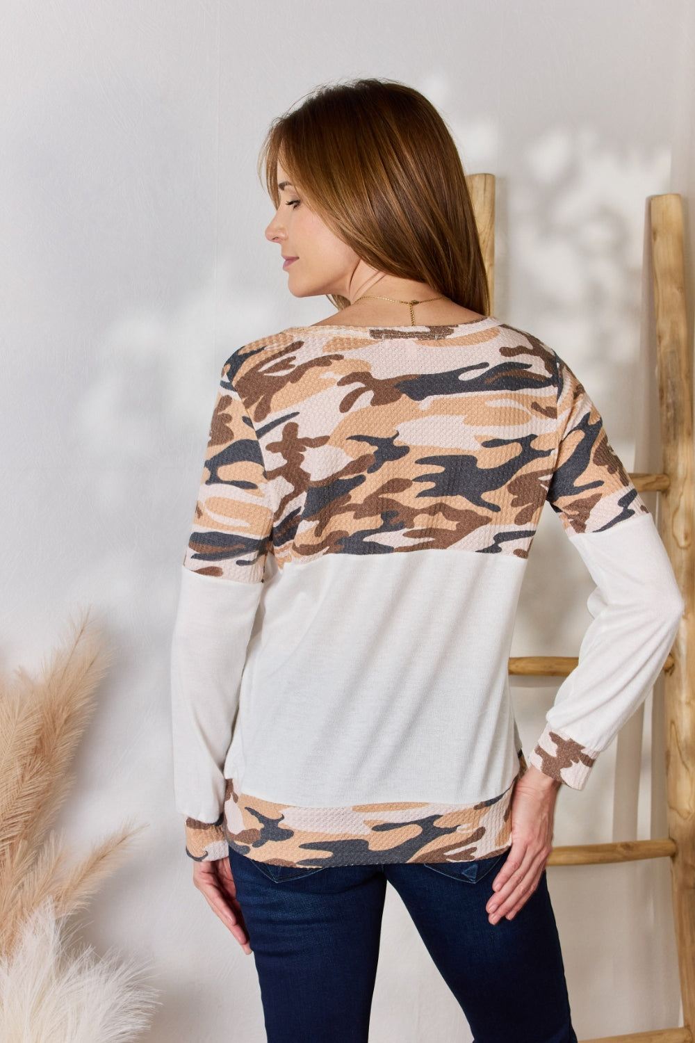 Womens Waffle Knit Print Top - Camo Print - Inspired Eye Boutique