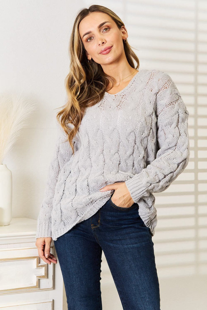 Cable-Knit Hooded Sweater - Grey - Inspired Eye Boutique