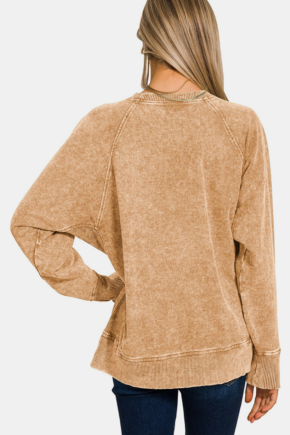 Zenana - Washed French Terry Pullover With Pockets - Camel