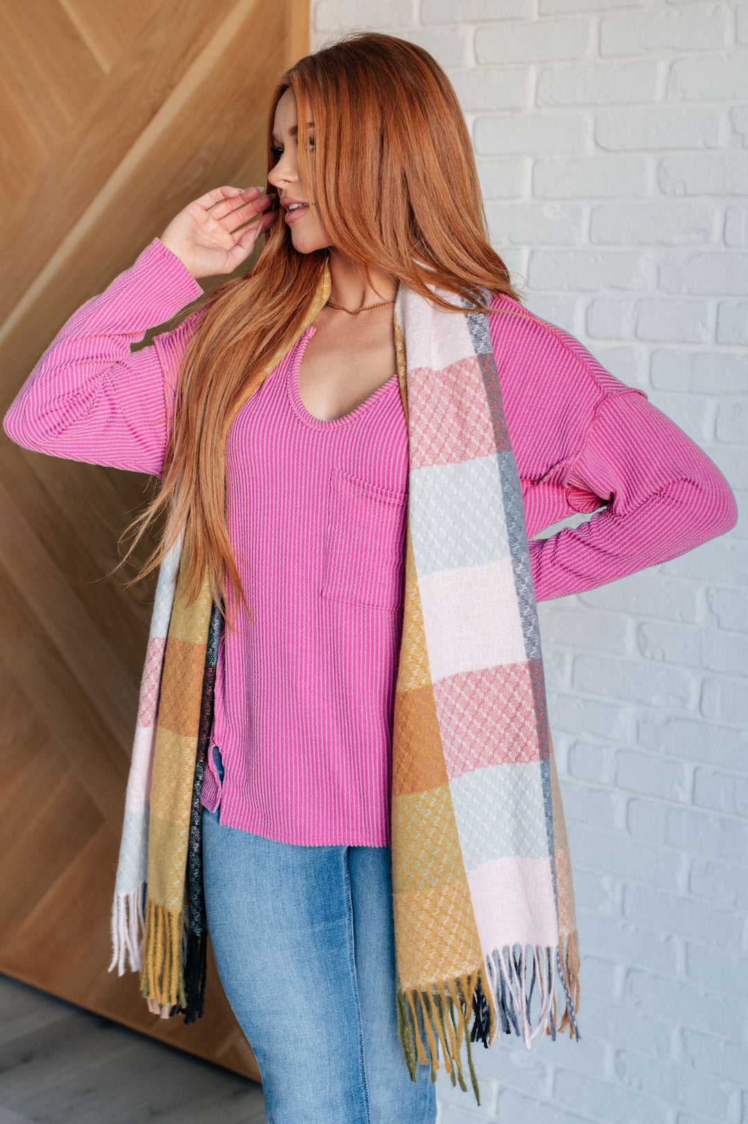 Checkered Fringe Scarf - Pink - Inspired Eye Boutique