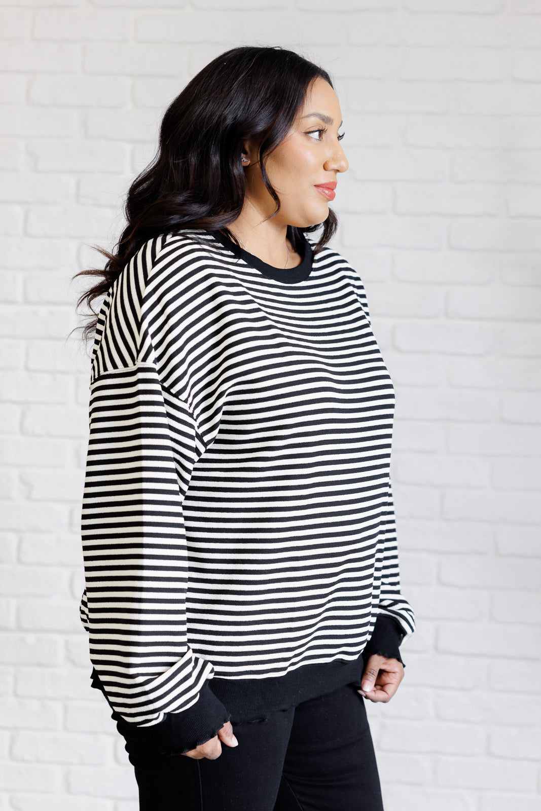 Contrast Trim Long Sleeve Striped Top - Black - Inspired Eye Boutique