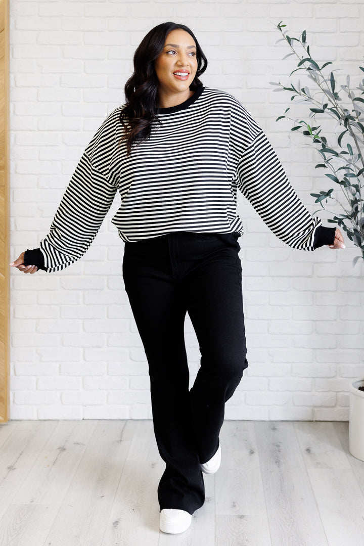 Contrast Trim Long Sleeve Striped Top - Black - Inspired Eye Boutique