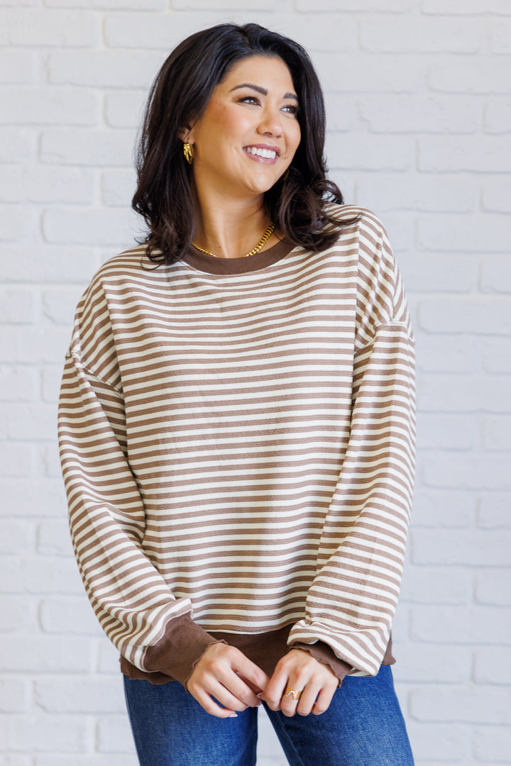 Contrast Trim Long Sleeve Striped Top - Brown - Inspired Eye Boutique