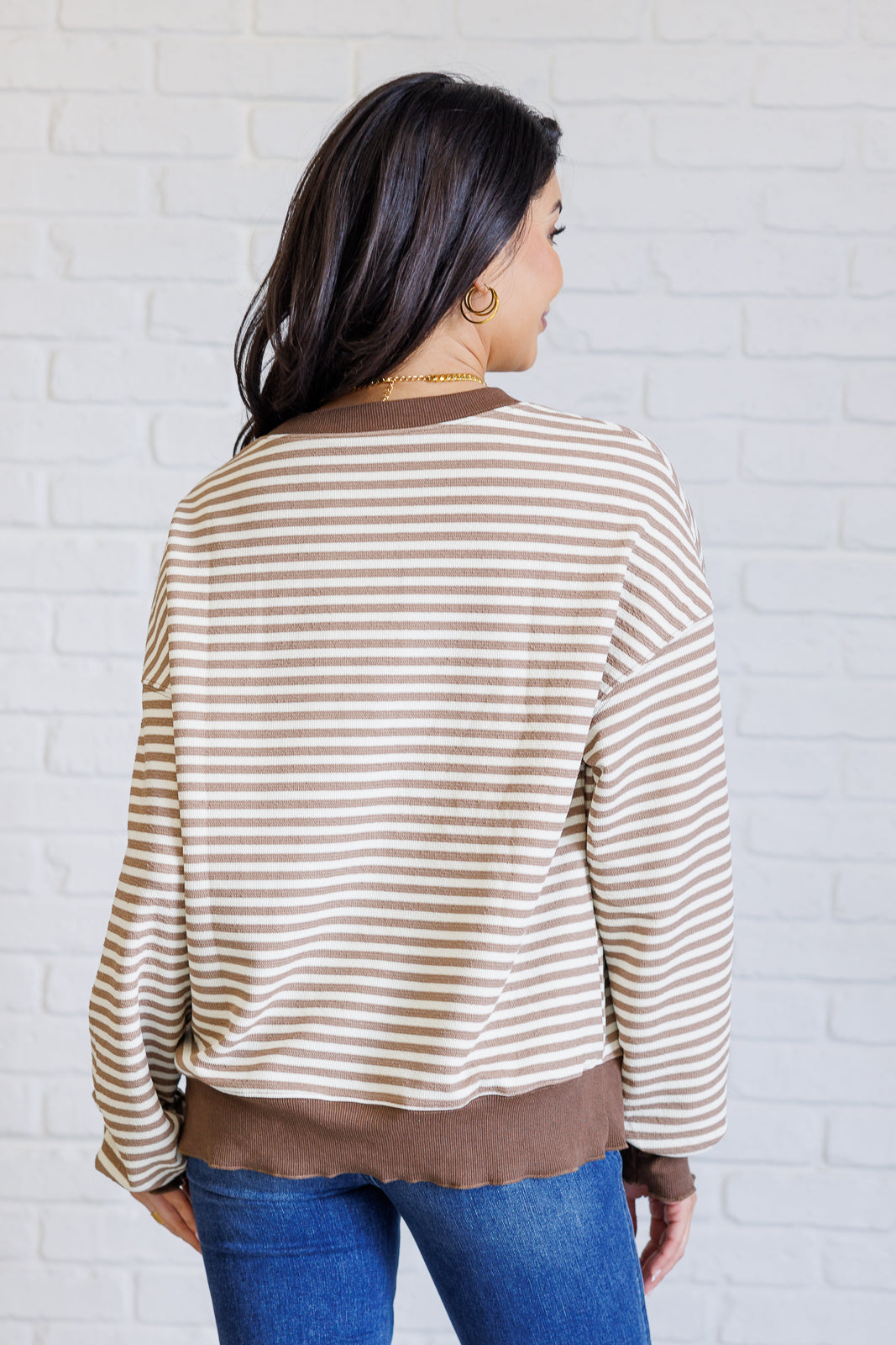 Contrast Trim Long Sleeve Striped Top - Brown - Inspired Eye Boutique