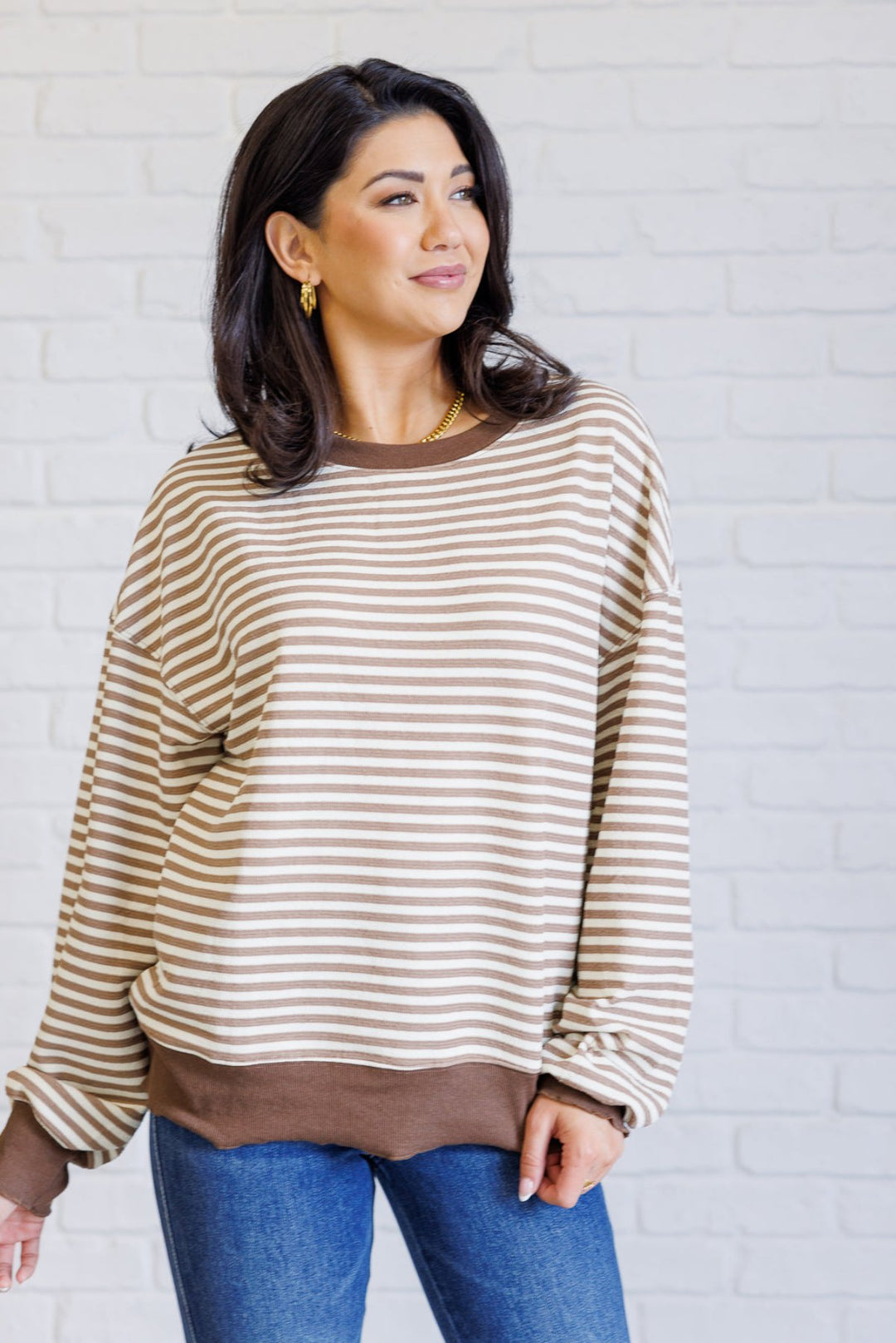 Contrast Trim Long Sleeve Striped Top - Brown - Inspired Eye Boutique