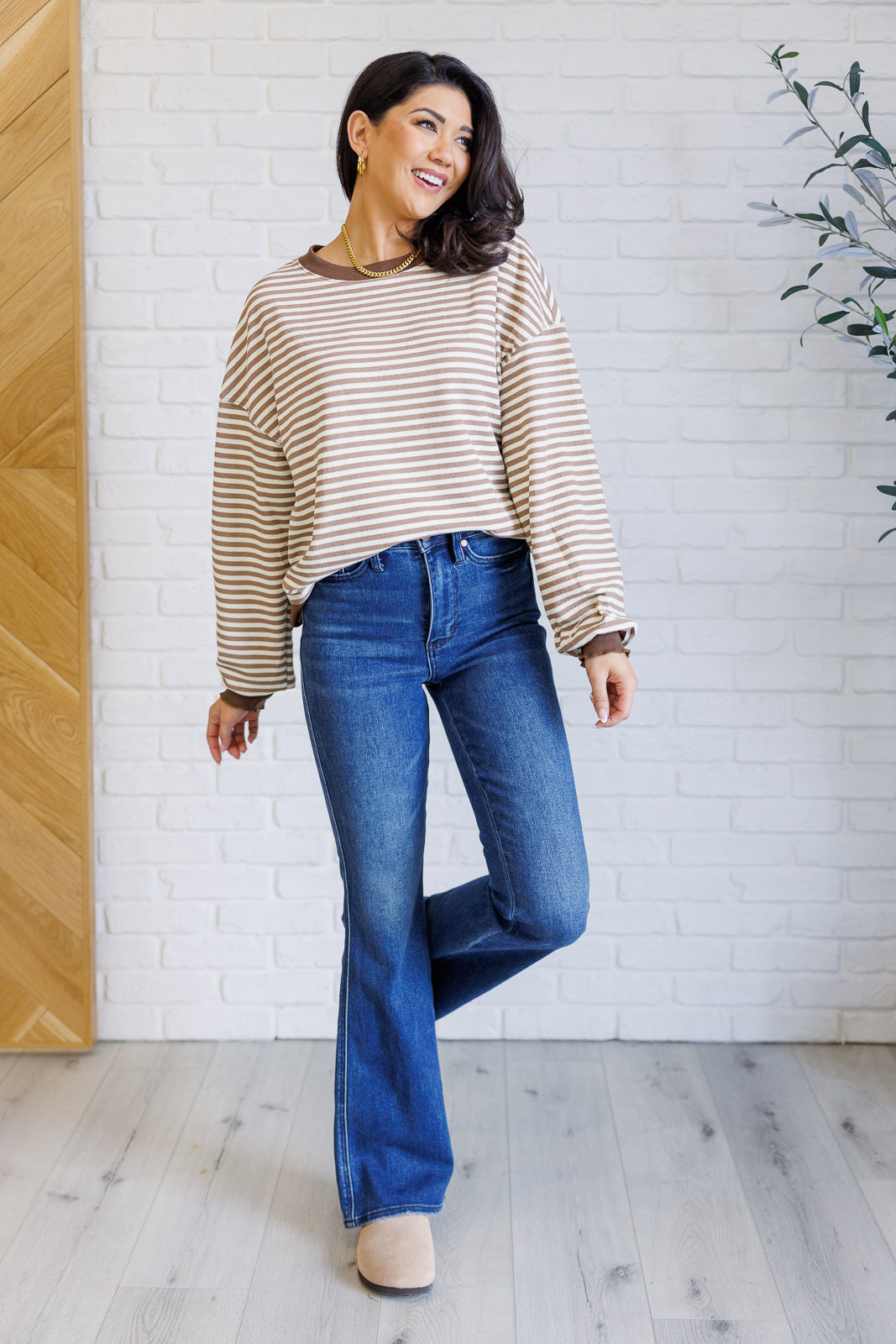 Contrast Trim Long Sleeve Striped Top - Brown - Inspired Eye Boutique