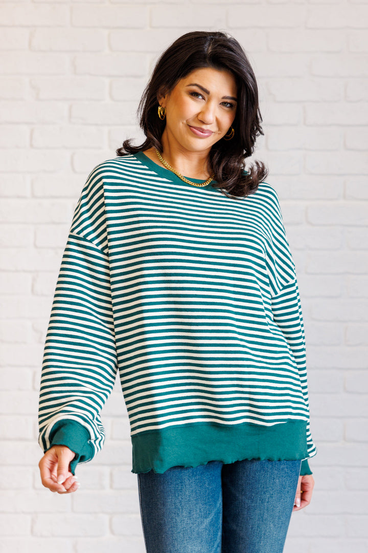 Contrast Trim Long Sleeve Striped Top - Green - Inspired Eye Boutique