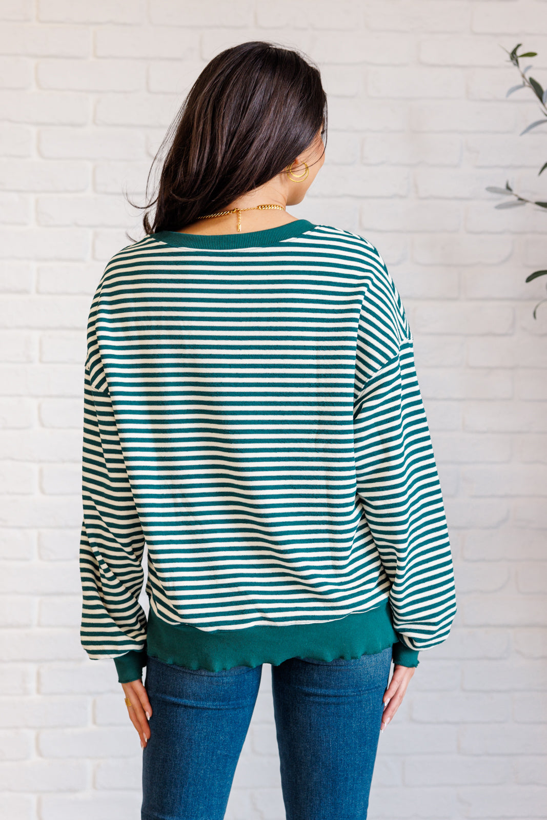 Contrast Trim Long Sleeve Striped Top - Green - Inspired Eye Boutique