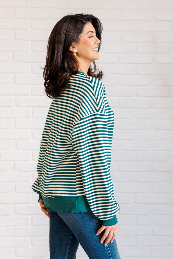 Contrast Trim Long Sleeve Striped Top - Green - Inspired Eye Boutique