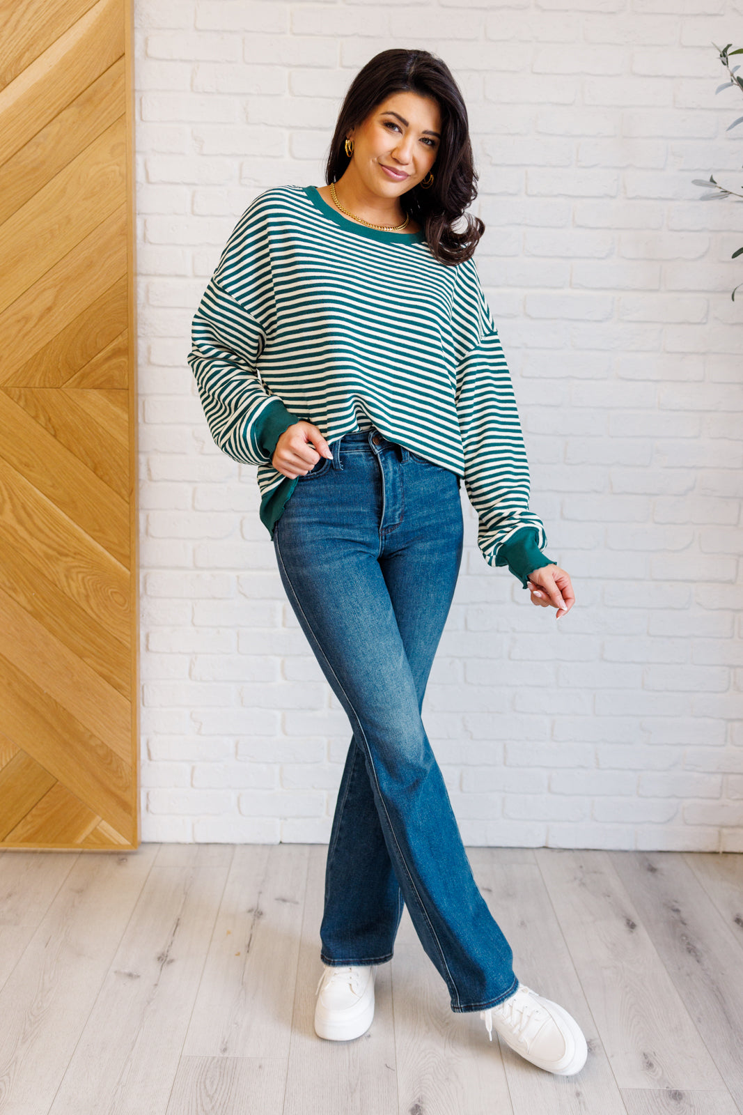 Contrast Trim Long Sleeve Striped Top - Green - Inspired Eye Boutique