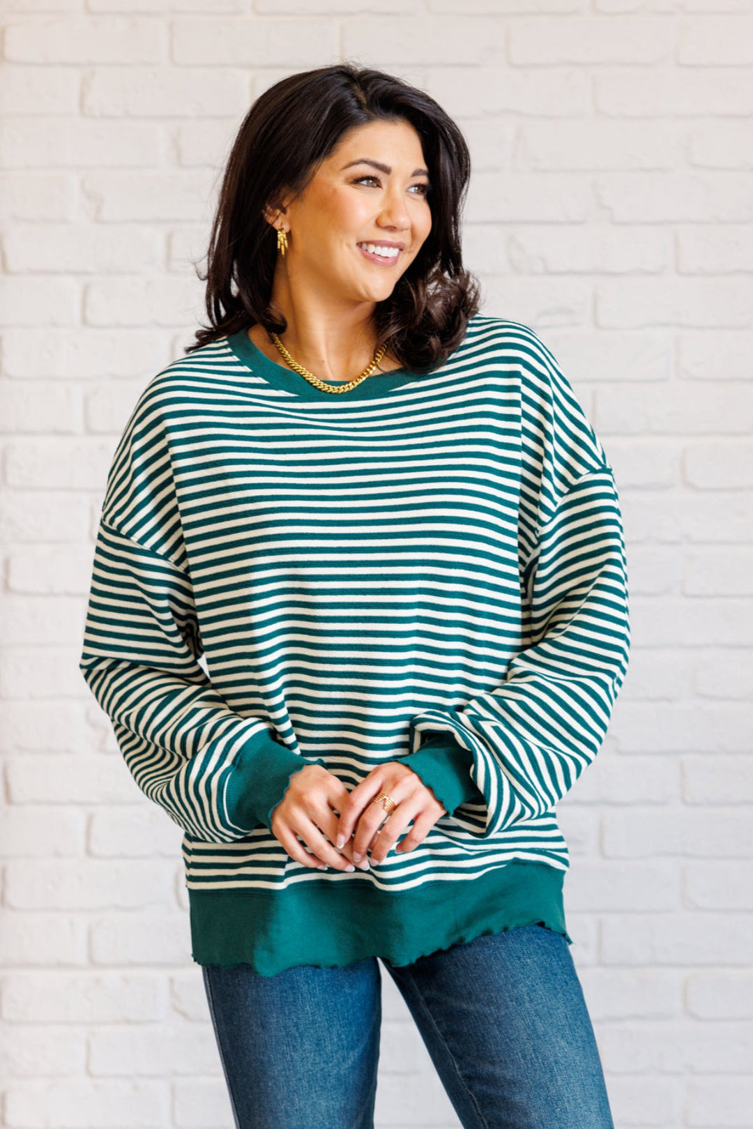 Contrast Trim Long Sleeve Striped Top - Green - Inspired Eye Boutique