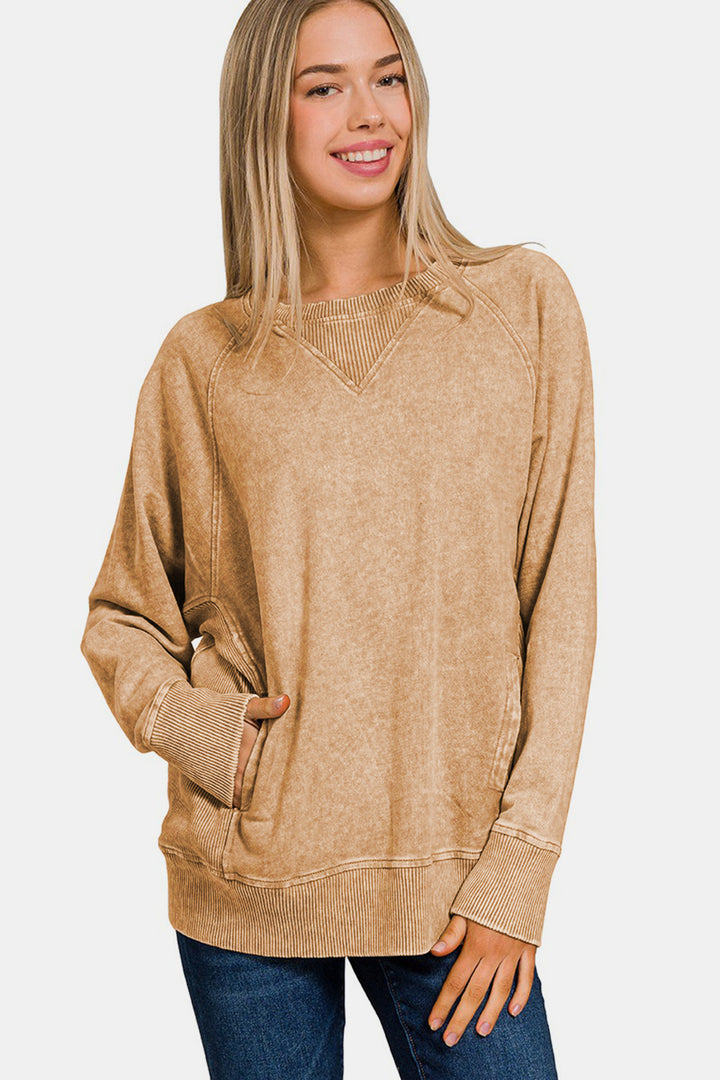 Zenana - Washed French Terry Pullover With Pockets - Camel