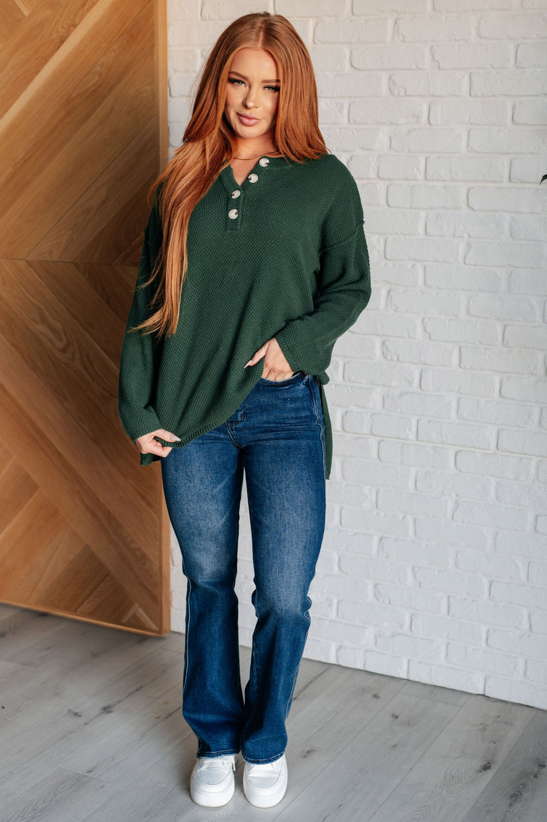 Dark Green Long Sleeve Henley Sweater - Inspired Eye Boutique