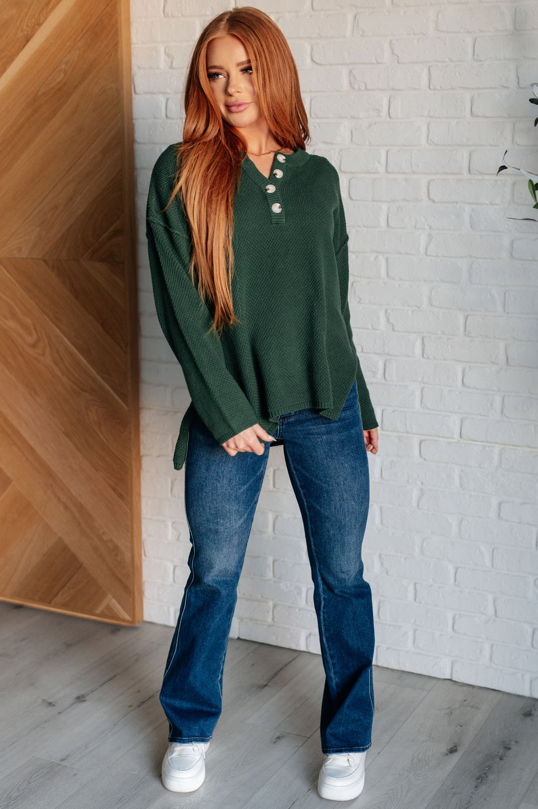 Dark Green Long Sleeve Henley Sweater - Inspired Eye Boutique