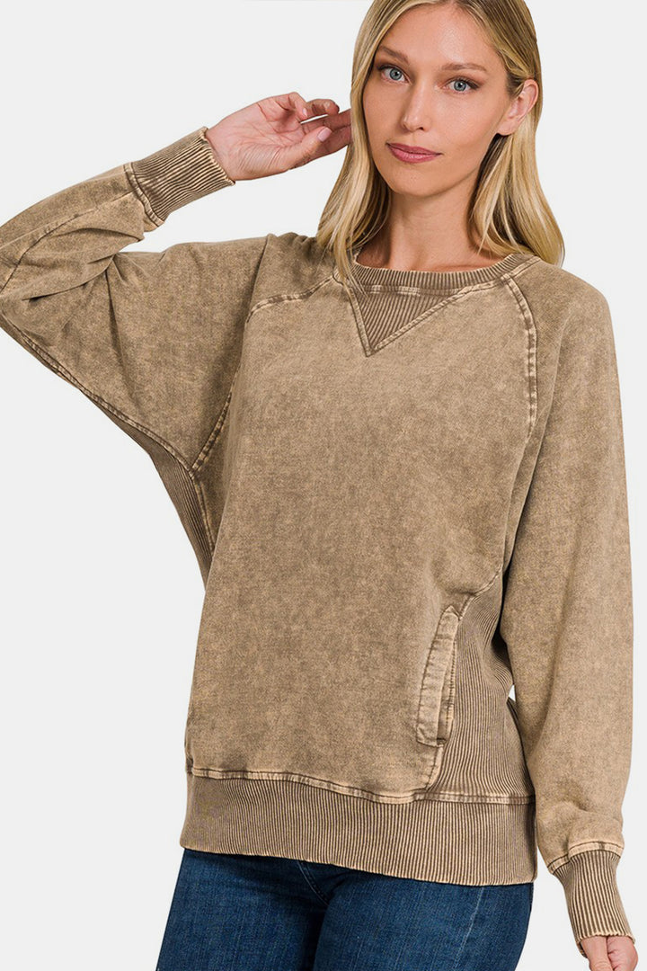 Zenana Washed French Terry Pullover With Pockets - Mocha - Inspired Eye Boutique