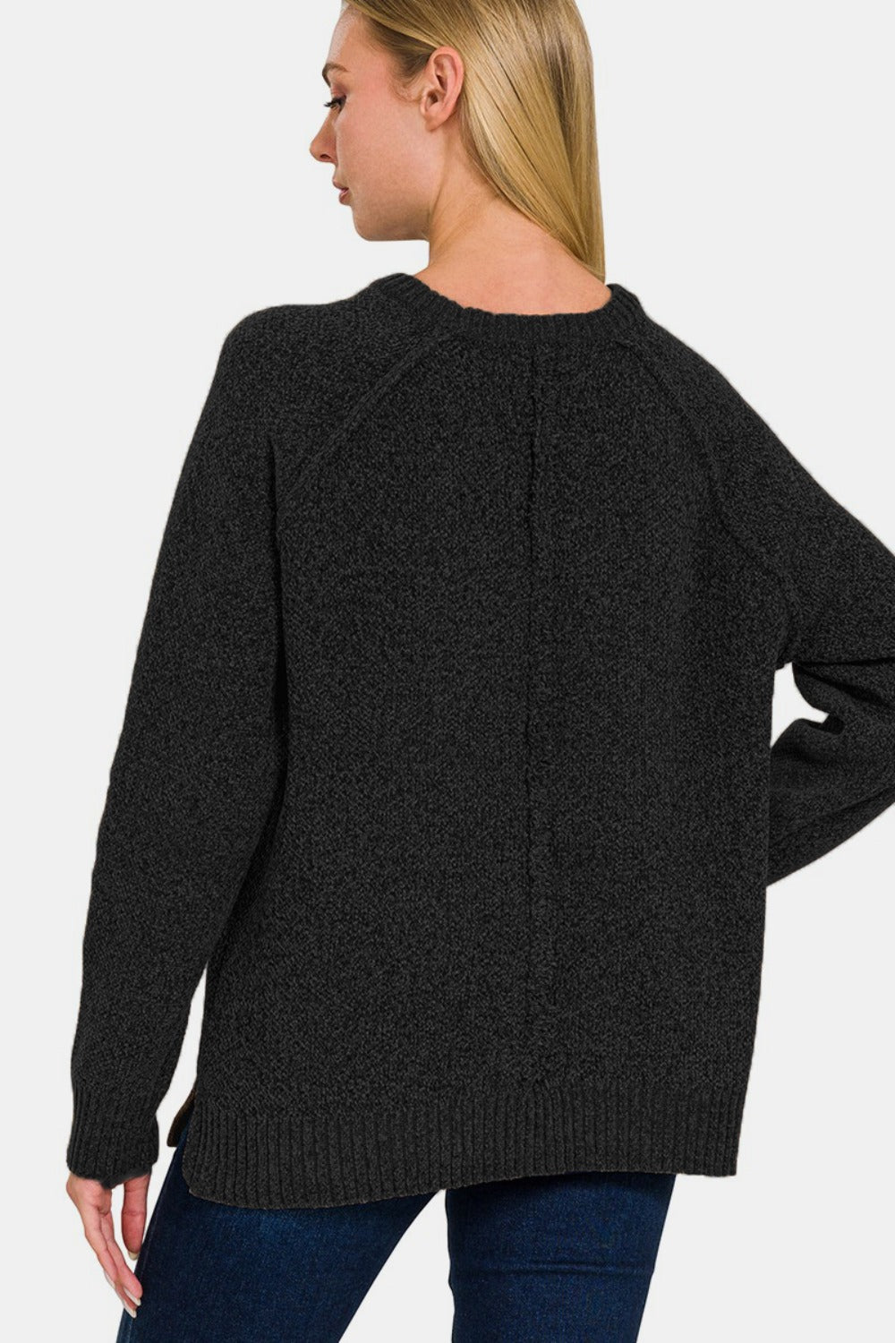 Zenana - Round Neck Chenille Sweater - Black