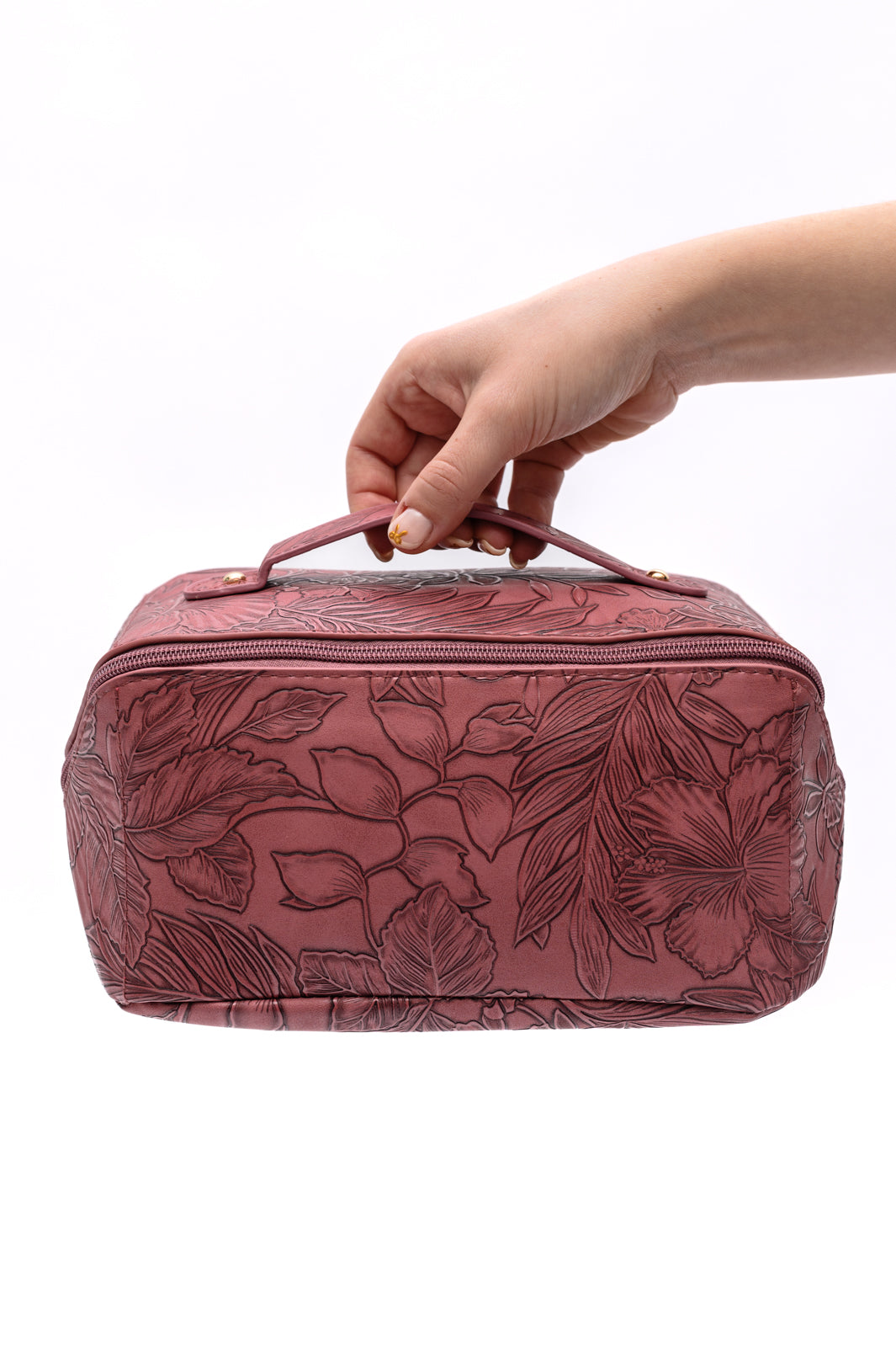 Embossed PU Leather Large Cosmetic Bag - Merlot - Inspired Eye Boutique