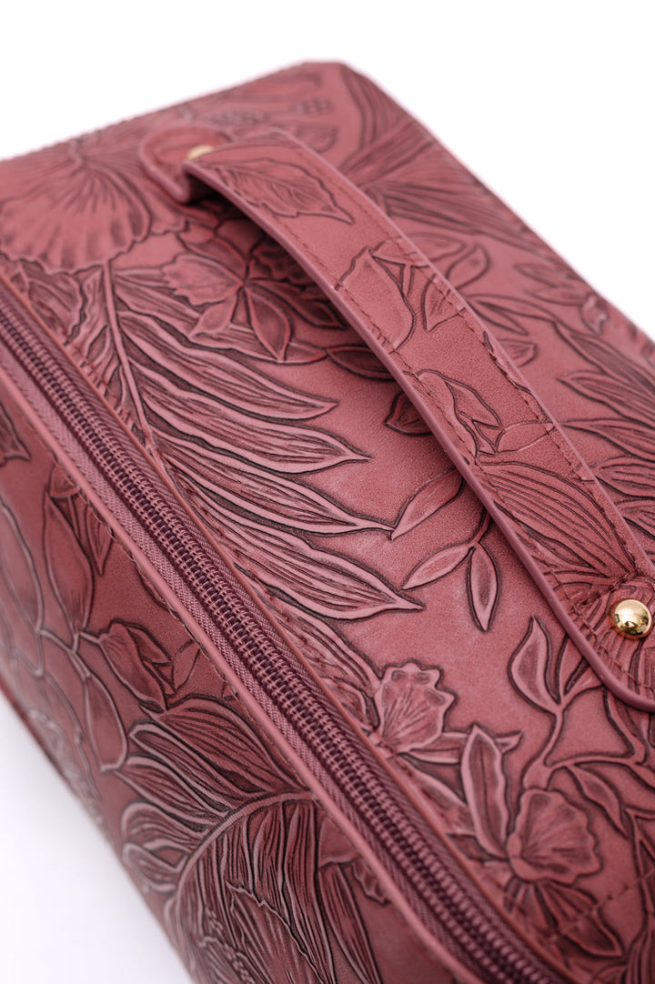 Embossed PU Leather Large Cosmetic Bag - Merlot - Inspired Eye Boutique