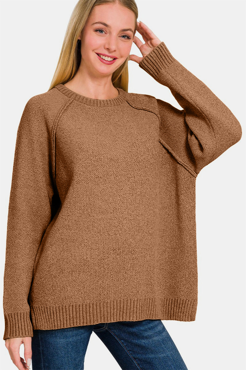 Zenana - Round Neck Chenille Sweater - Deep Camel