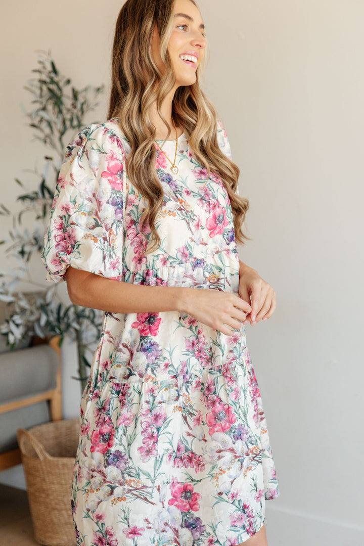 Floral Puff Sleeve Mini Dress - Cream - Inspired Eye Boutique