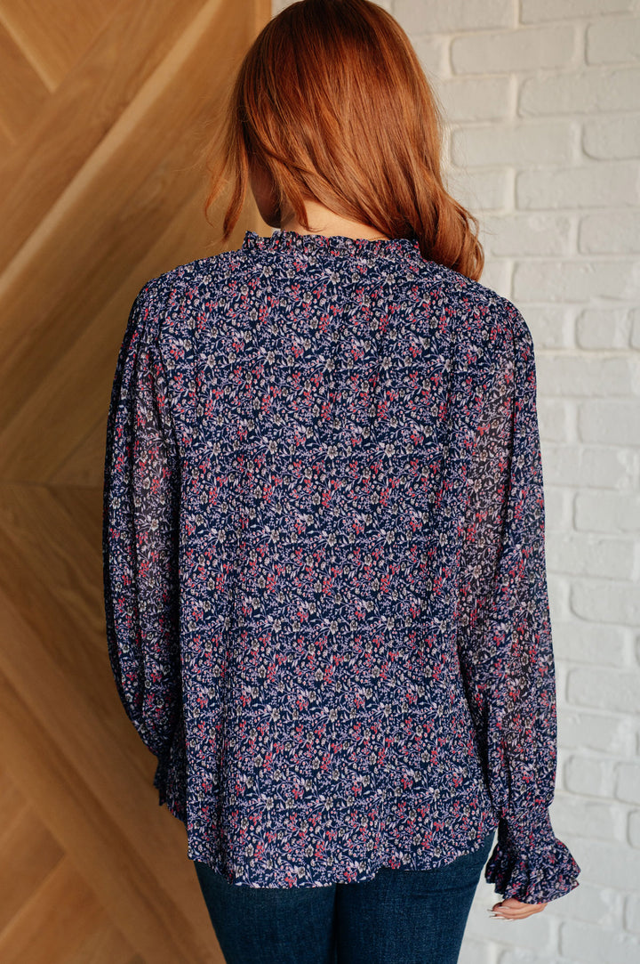 Floral Ruffle Neck Long Sleeve Blouse - Navy - Inspired Eye Boutique