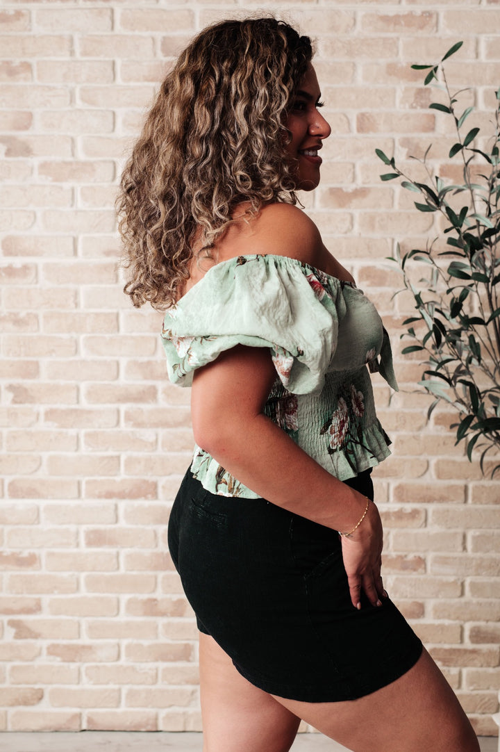 Green Balloon Sleeve Crop Top Blouse - Inspired Eye Boutique