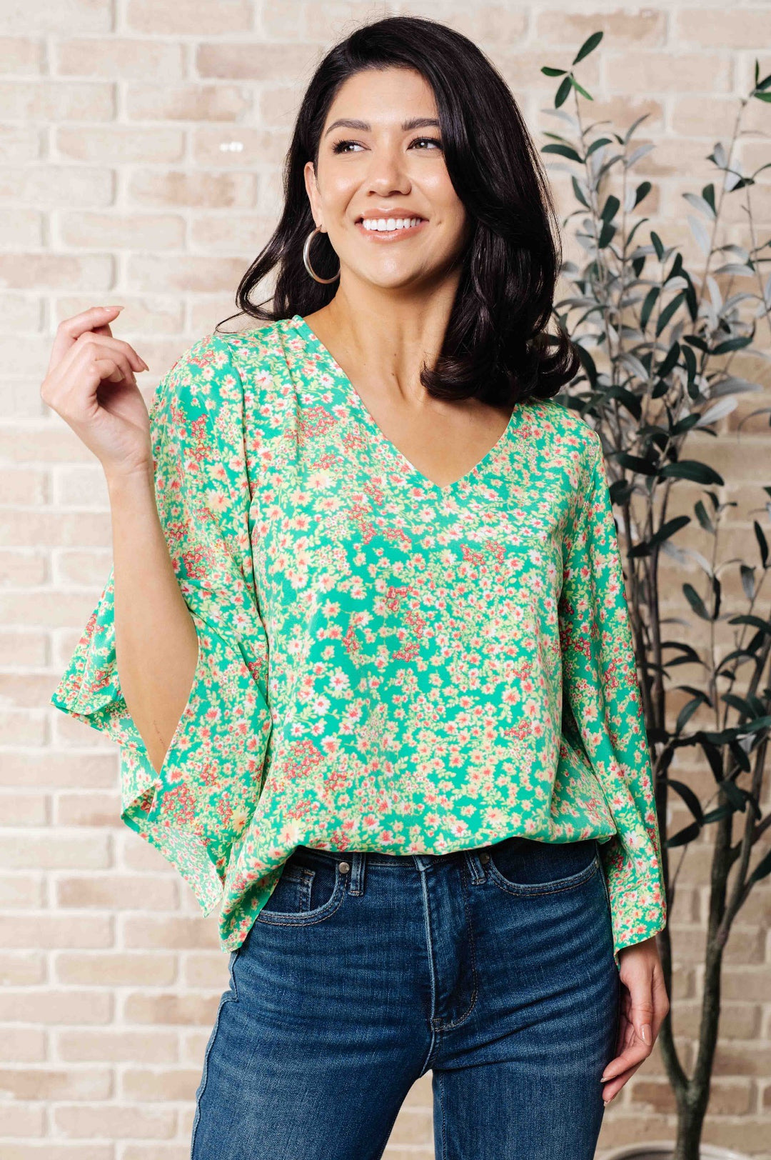 Green Floral Kimono Sleeve Blouse - Inspired Eye Boutique