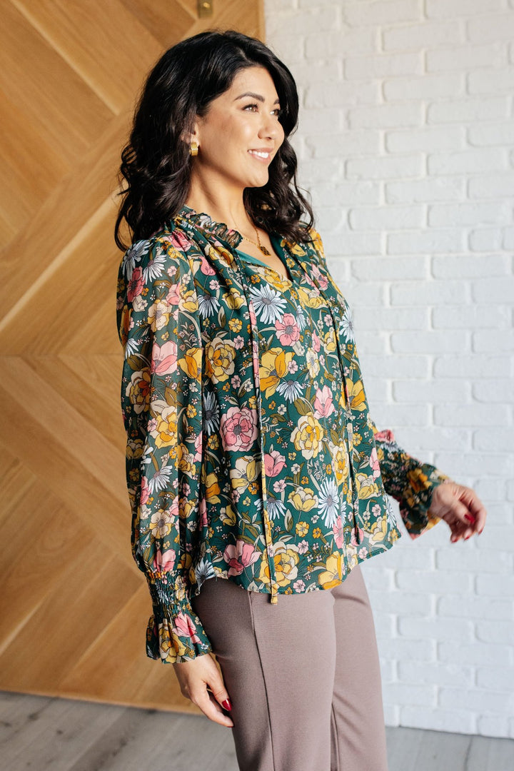 Green Floral Long Sleeve V-Neck Blouse - Inspired Eye Boutique