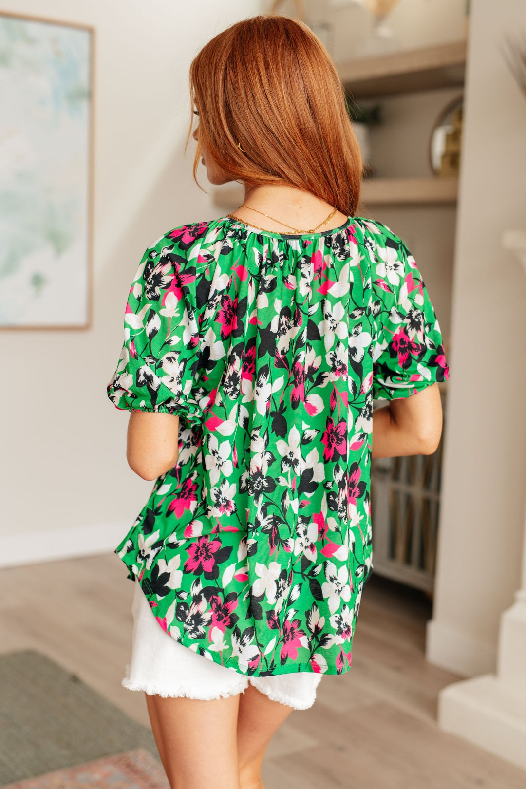 Green Short Sleeve Floral Blouse Top - Inspired Eye Boutique