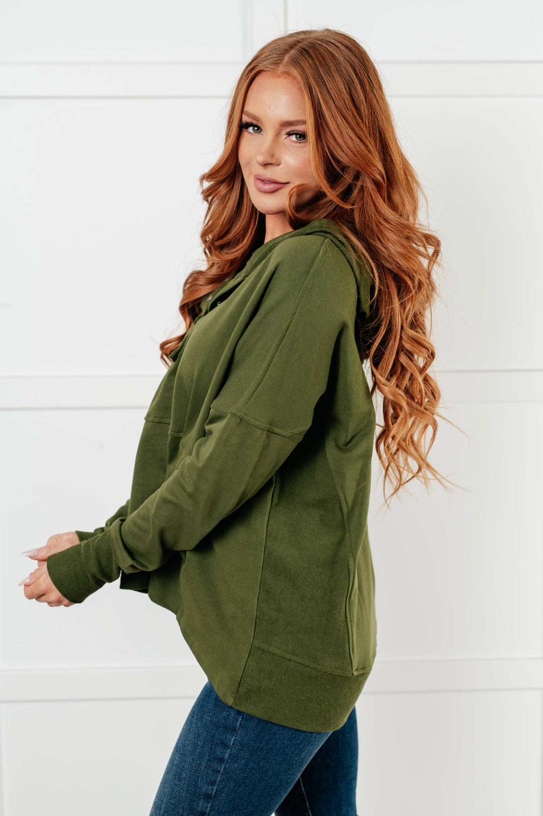 Half Snap Pullover French Terry Sweatshirt - Green - Inspired Eye Boutique