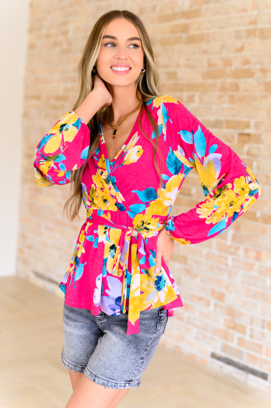 Hot Pink V-Neck Floral Blouse Top - Inspired Eye Boutique