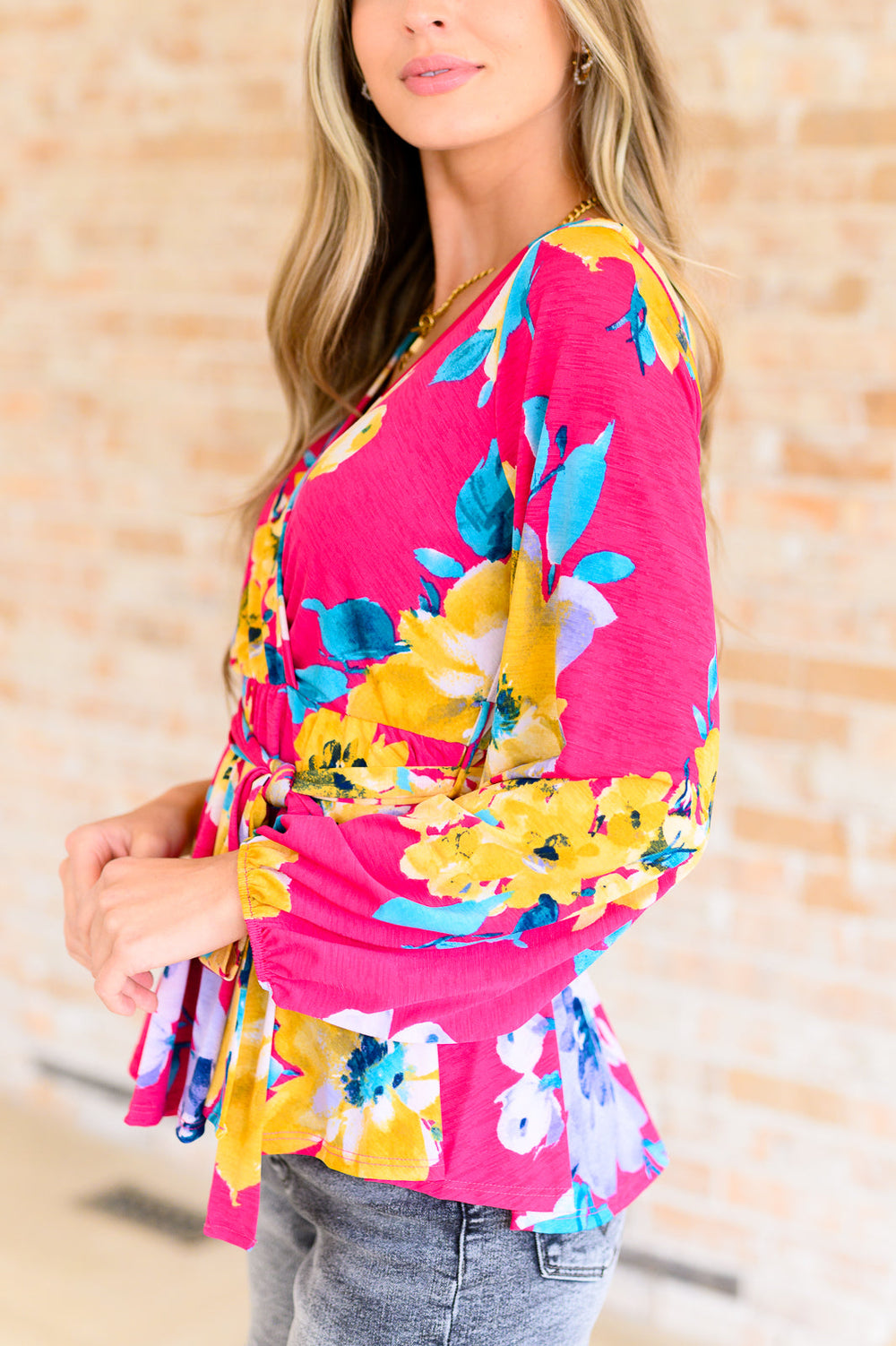 Hot Pink V-Neck Floral Blouse Top - Inspired Eye Boutique