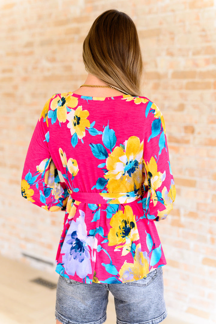 Hot Pink V-Neck Floral Blouse Top - Inspired Eye Boutique