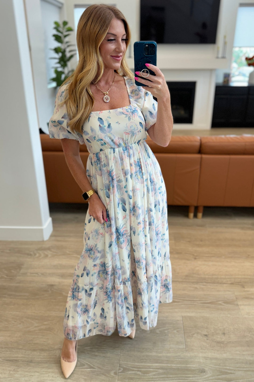 Ivory Short Sleeve - Blue Floral Maxi Dress - Inspired Eye Boutique