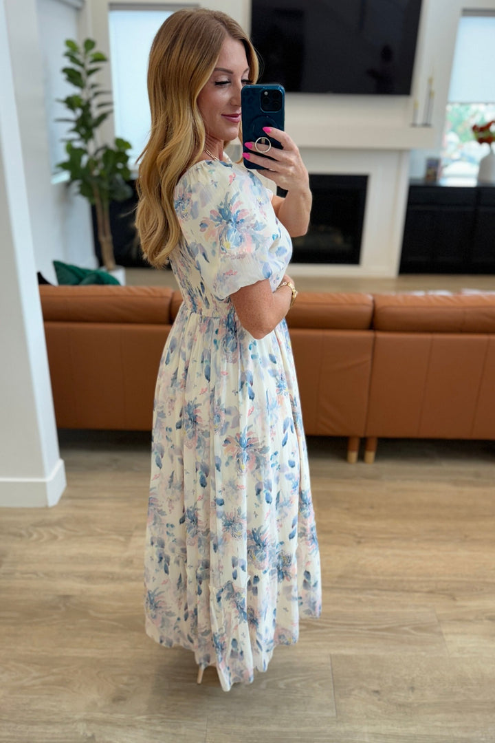 Ivory Short Sleeve - Blue Floral Maxi Dress - Inspired Eye Boutique